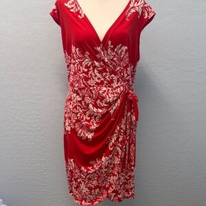 INC Size LargeRed Floral Wrap-Style Midi Dress with Side Tie